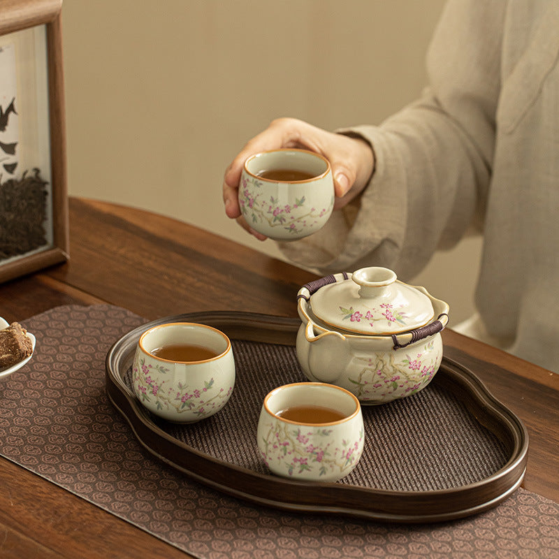 Authentic Dehua Beige Ru Ware Ceramic Hand-Grip Teapot Set with Tray - Complete Portable Tea Suite