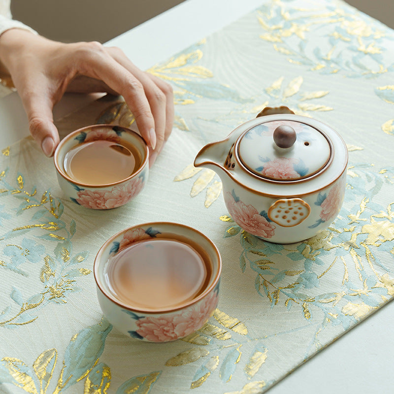 Authentic Ru Ware Celadon Hibiscus Flower Hand-Grip Teapot - 175ml Anti-Scald Pot