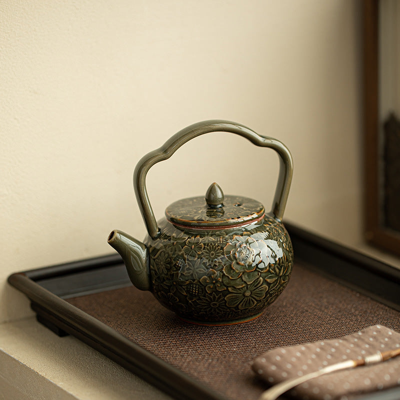 Authentic Jingdezhen Song-Style Ge Kiln Myriad Flowers Beam-Handle Ceramic Teapot - 220ml Luxury Kettle