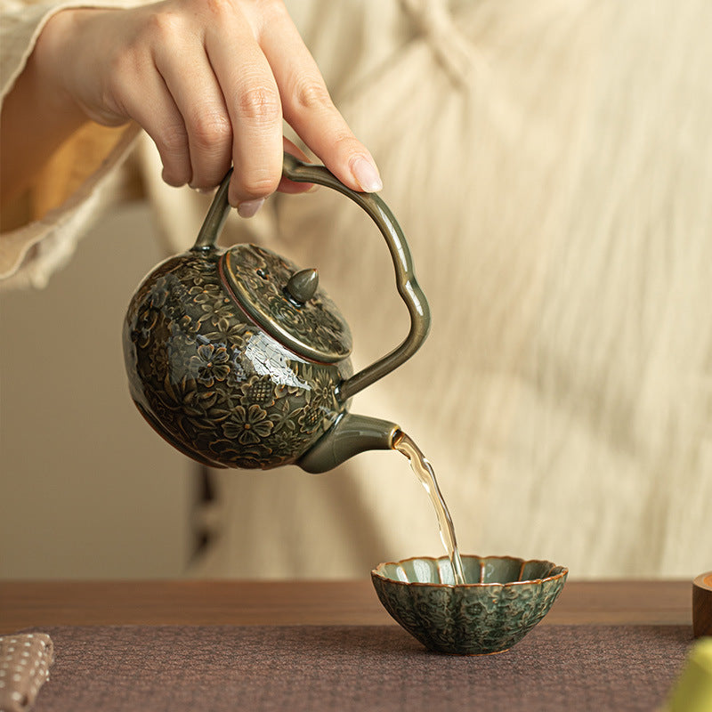Authentic Jingdezhen Song-Style Ge Kiln Myriad Flowers Beam-Handle Ceramic Teapot - 220ml Luxury Kettle
