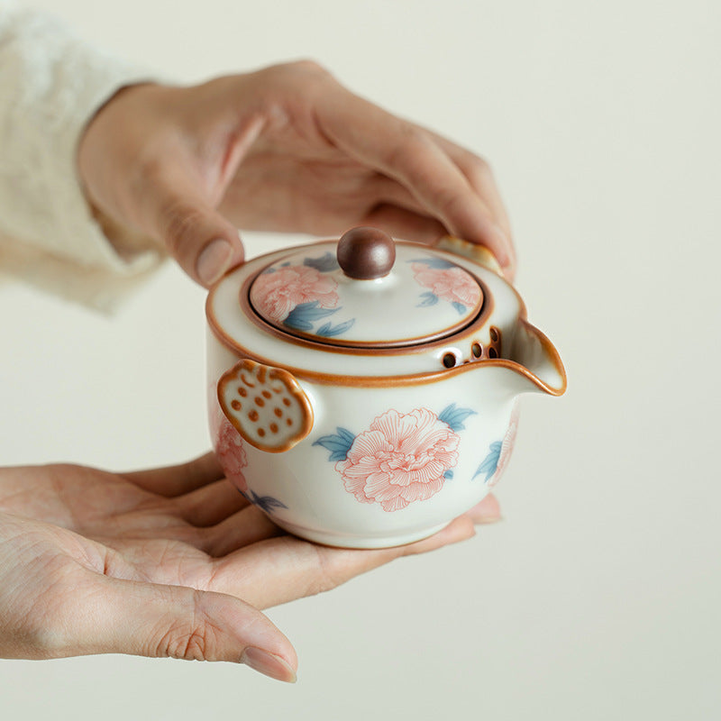 Authentic Ru Ware Celadon Hibiscus Flower Hand-Grip Teapot - 175ml Anti-Scald Pot