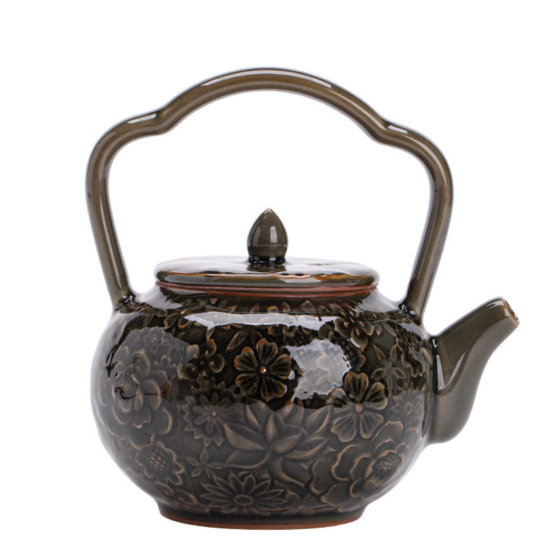 Authentic Jingdezhen Song-Style Ge Kiln Myriad Flowers Beam-Handle Ceramic Teapot - 220ml Luxury Kettle