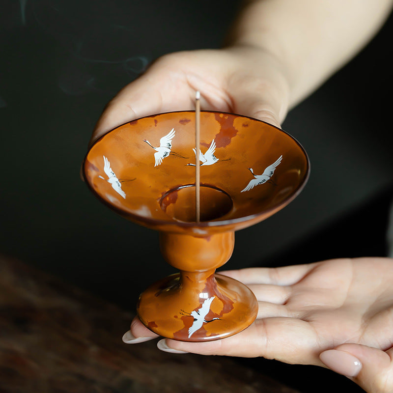 Authentic Flambé Chestnut Brown Descending Crane High-Stem Incense Holder - Teaware Accessories