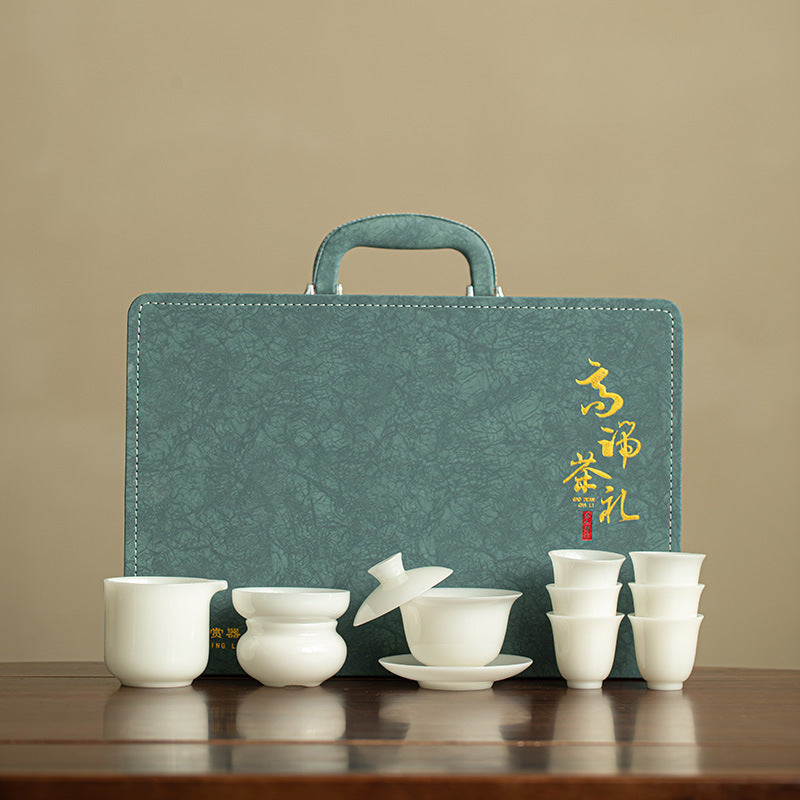 Authentic Dehua Ice Mutton-Fat Jade Porcelain 10-Piece Gongfu Tea Set - Luxury Brocade Gift Vault