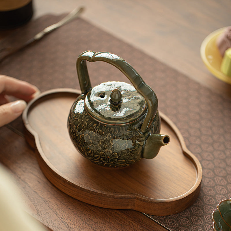 Authentic Jingdezhen Song-Style Ge Kiln Myriad Flowers Beam-Handle Ceramic Teapot - 220ml Luxury Kettle