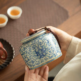 Authentic Plant-Ash Glaze Intertwined Lotus Straight-Body Ceramic Tea Caddy - Airtight Canister