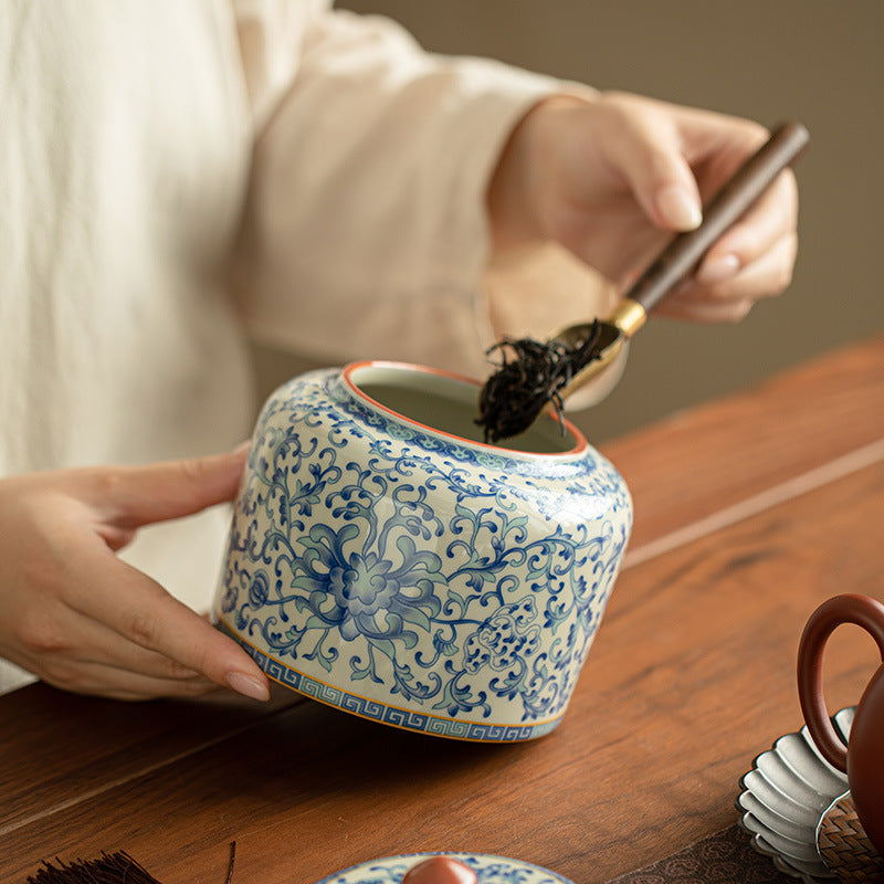 Authentic Plant-Ash Glaze Intertwined Lotus Straight-Body Ceramic Tea Caddy - Airtight Canister
