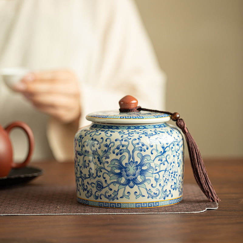Authentic Plant-Ash Glaze Intertwined Lotus Straight-Body Ceramic Tea Caddy - Airtight Canister