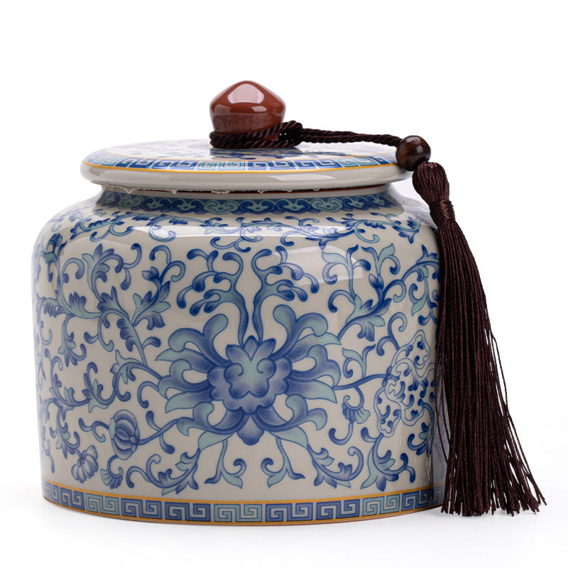 Authentic Plant-Ash Glaze Intertwined Lotus Straight-Body Ceramic Tea Caddy - Airtight Canister