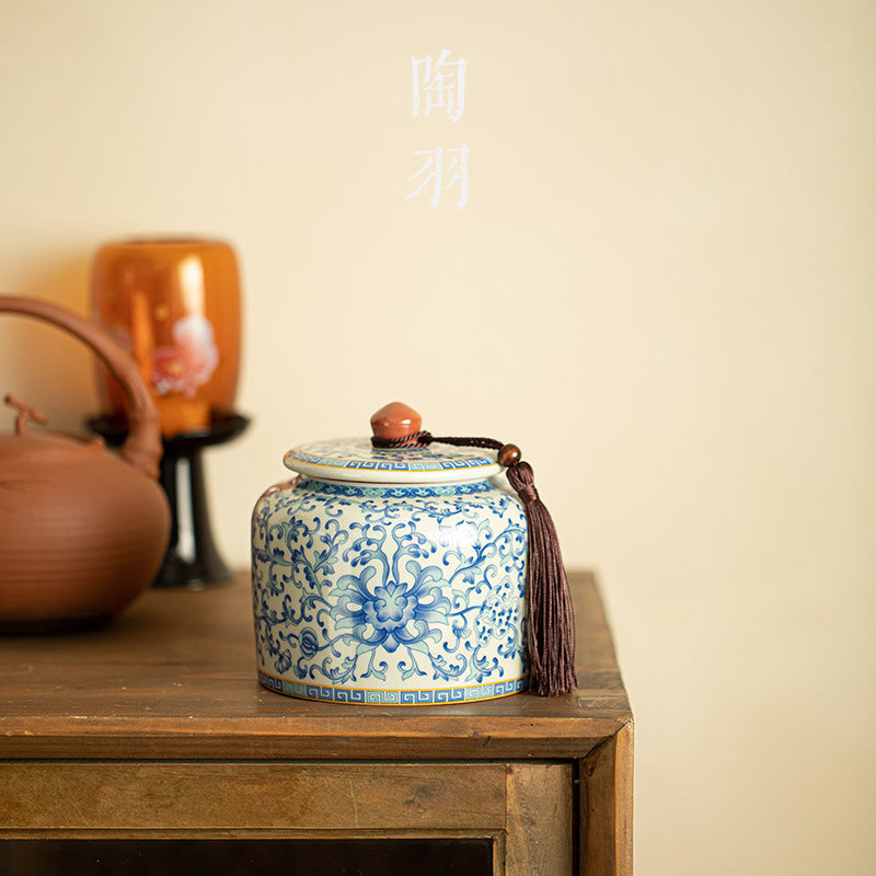 Authentic Plant-Ash Glaze Intertwined Lotus Straight-Body Ceramic Tea Caddy - Airtight Canister