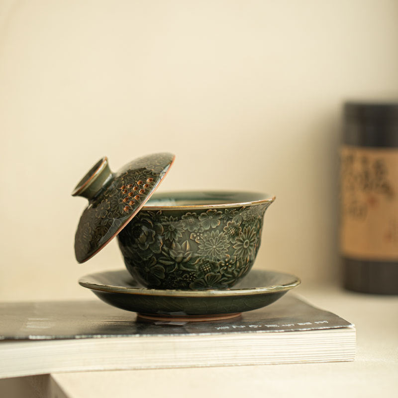 Antique Song-Style Ge Kiln Celadon Hover-Suspension San Cai Gaiwan - 165ml Anti-Scald Tea Bowl