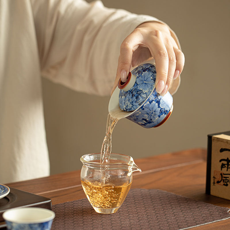 Authentic Blue & White Lotus Rhyme Hover-Suspension San Cai Gaiwan - 165ml Anti-Scald Gongfu Tea Bowl