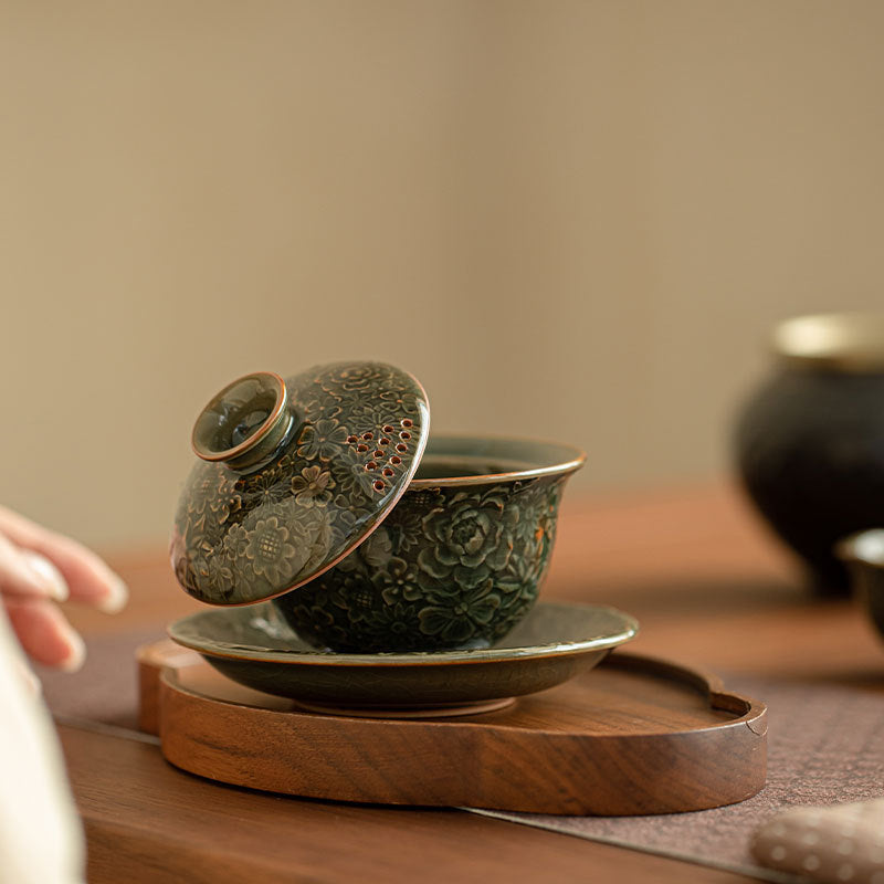 Antique Song-Style Ge Kiln Celadon Hover-Suspension San Cai Gaiwan - 165ml Anti-Scald Tea Bowl