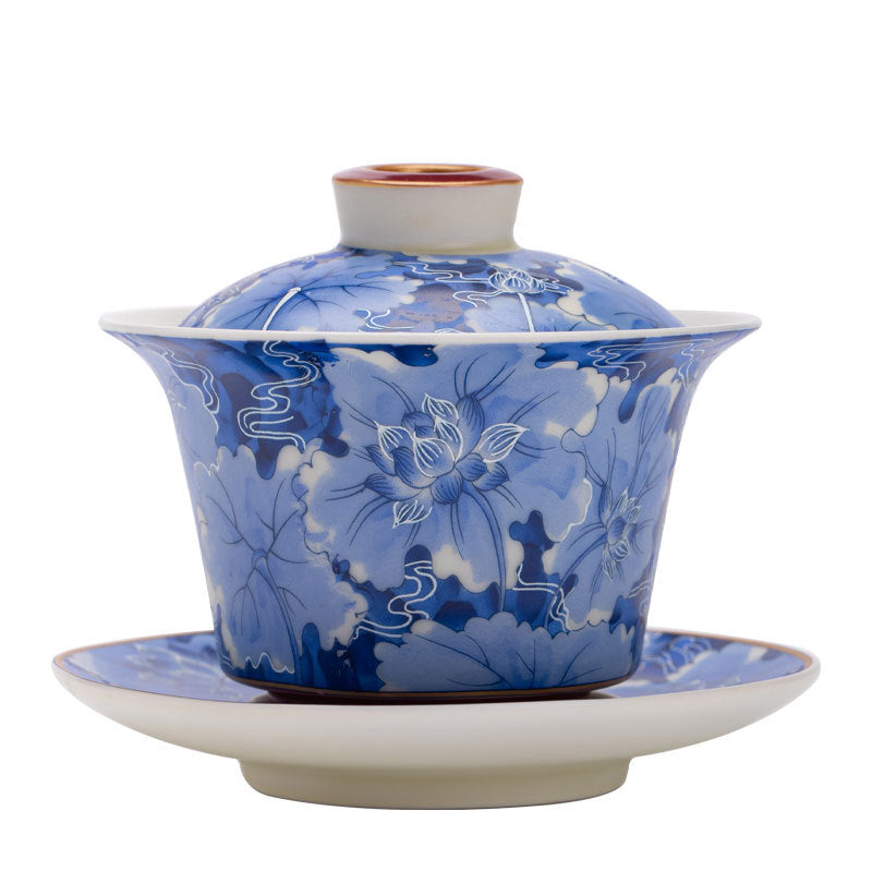 Authentic Blue & White Lotus Rhyme Hover-Suspension San Cai Gaiwan - 165ml Anti-Scald Gongfu Tea Bowl