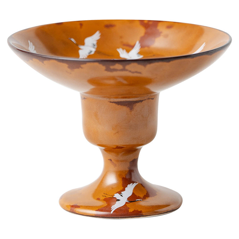 Authentic Flambé Chestnut Brown Descending Crane High-Stem Incense Holder - Teaware Accessories