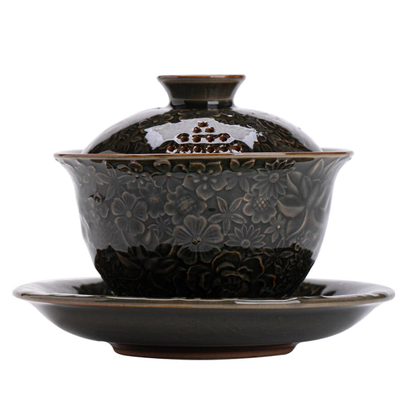 Antique Song-Style Ge Kiln Celadon Hover-Suspension San Cai Gaiwan - 165ml Anti-Scald Tea Bowl