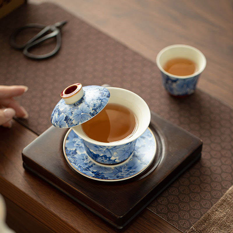 Authentic Blue & White Lotus Rhyme Hover-Suspension San Cai Gaiwan - 165ml Anti-Scald Gongfu Tea Bowl