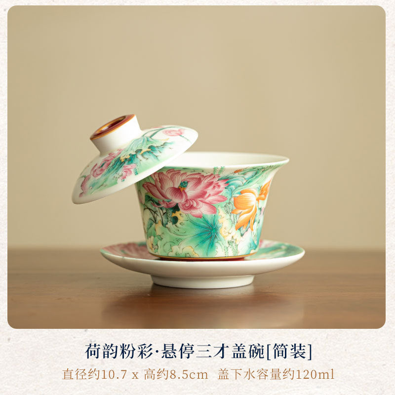 Handcrafted Enamel Famille-Rose Lotus Rhyme Hover-Suspension Gaiwan - 160ml Luxury Tea Bowl