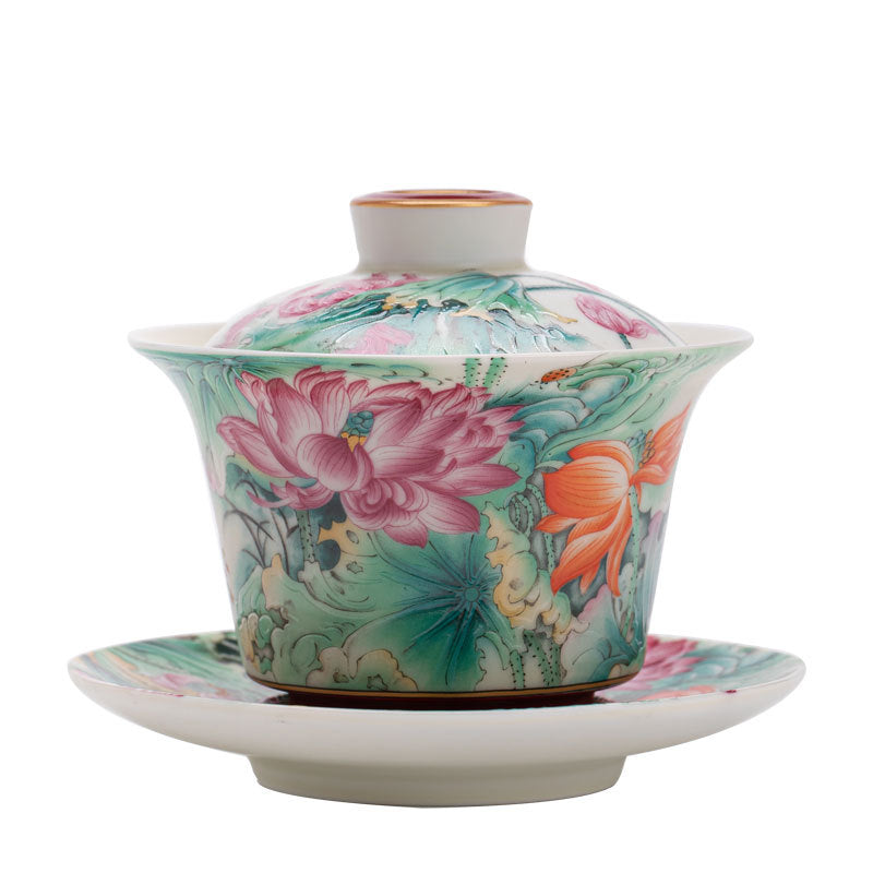 Handcrafted Enamel Famille-Rose Lotus Rhyme Hover-Suspension Gaiwan - 160ml Luxury Tea Bowl
