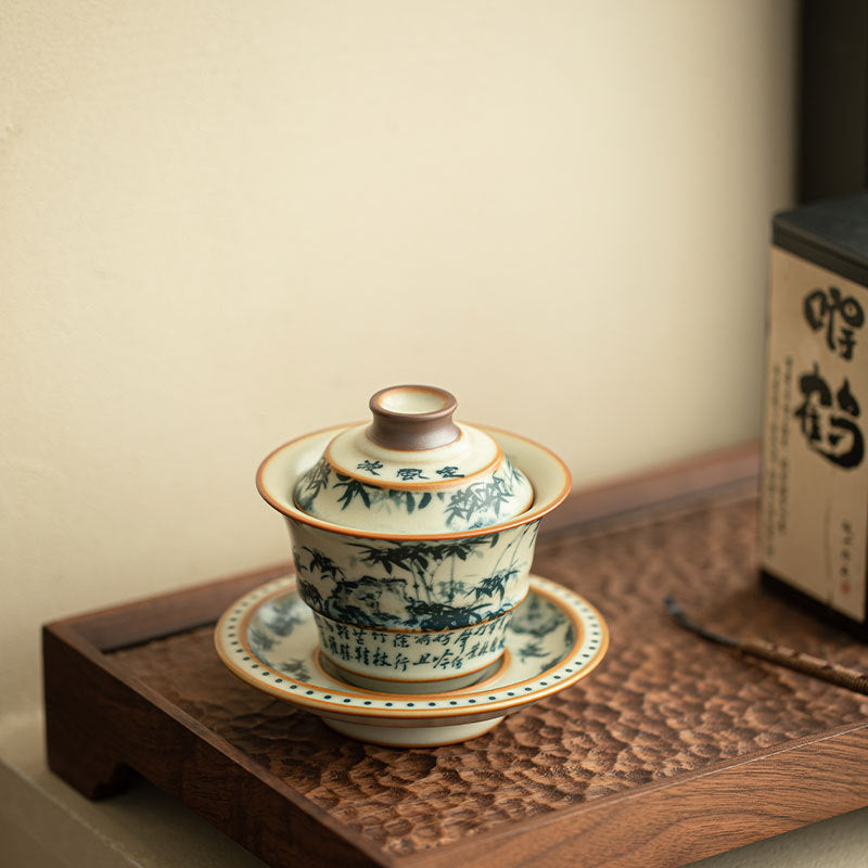 Antique Ru Ware Blue & White Dingfengbo Bamboo Shadow San Cai Gaiwan - 160ml Gongfu Tea Bowl
