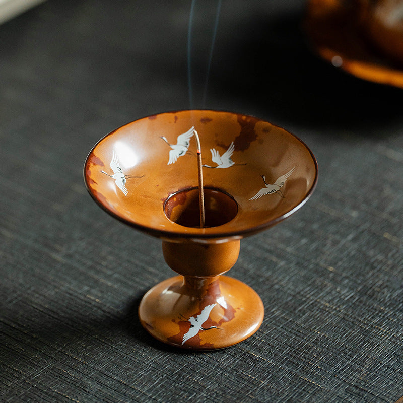Authentic Flambé Chestnut Brown Descending Crane High-Stem Incense Holder - Teaware Accessories