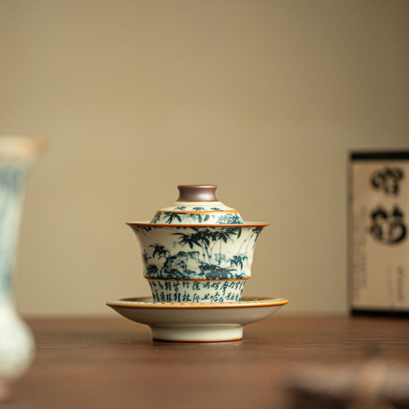 Antique Ru Ware Blue & White Dingfengbo Bamboo Shadow San Cai Gaiwan - 160ml Gongfu Tea Bowl