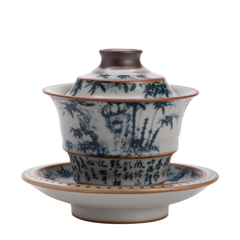 Antique Ru Ware Blue & White Dingfengbo Bamboo Shadow San Cai Gaiwan - 160ml Gongfu Tea Bowl