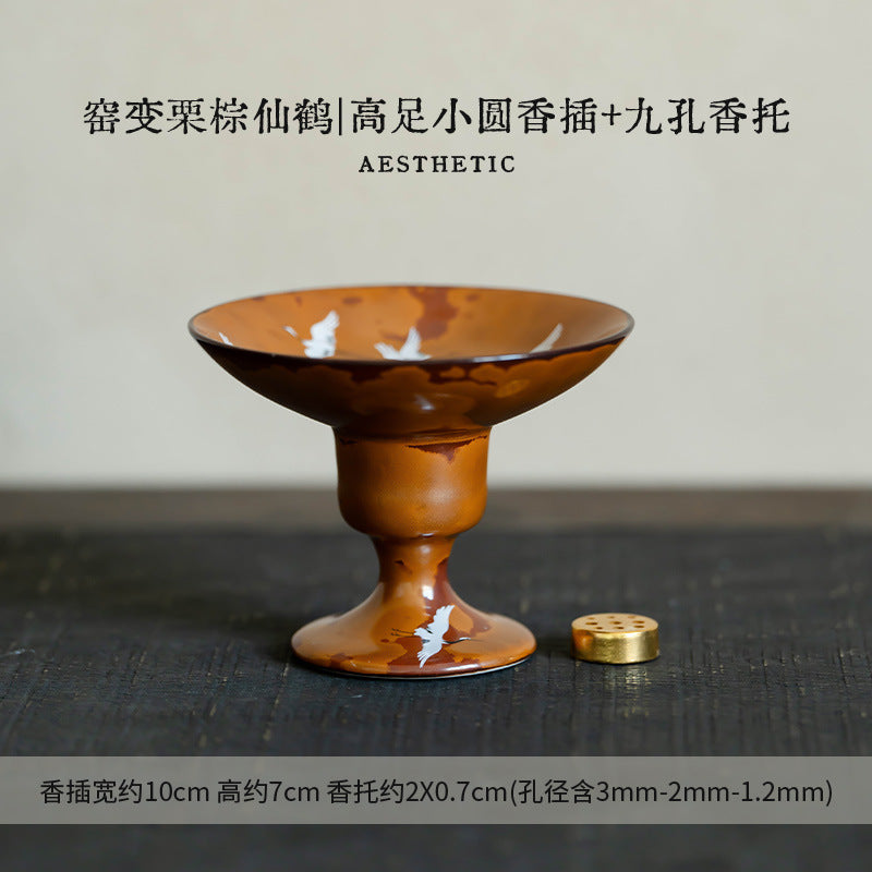 Authentic Flambé Chestnut Brown Descending Crane High-Stem Incense Holder - Teaware Accessories