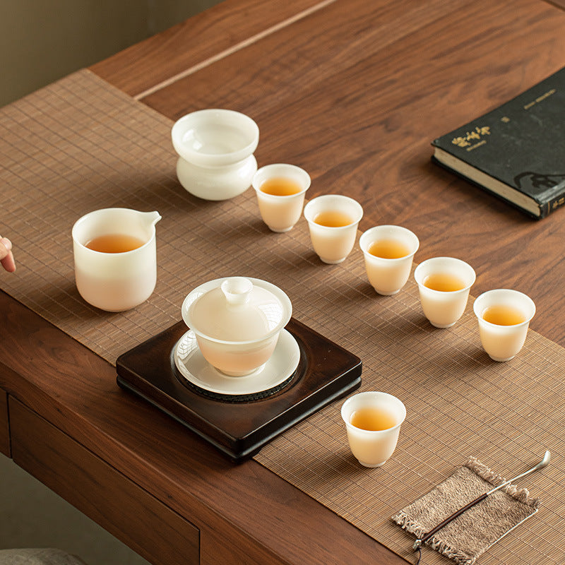 Authentic Dehua Ice Mutton-Fat Jade Porcelain 10-Piece Gongfu Tea Set - Luxury Brocade Gift Vault