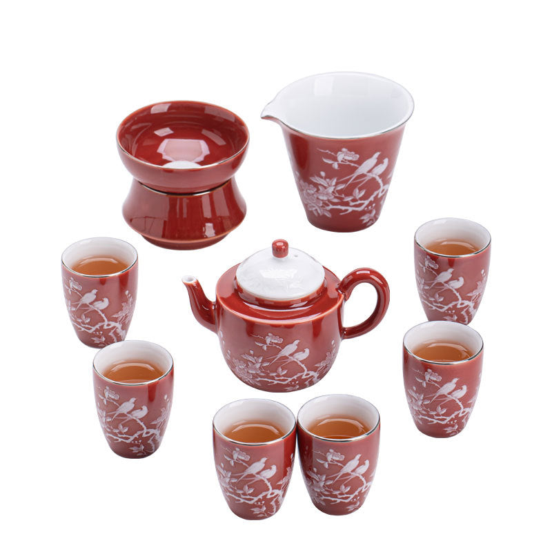 Authentic Jingdezhen Coral Red Magpie Plum Blossom Complete Ceramic Tea Set - Luxury Wedding Gift Box