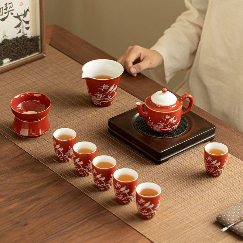 Authentic Jingdezhen Coral Red Magpie Plum Blossom Complete Ceramic Tea Set - Luxury Wedding Gift Box