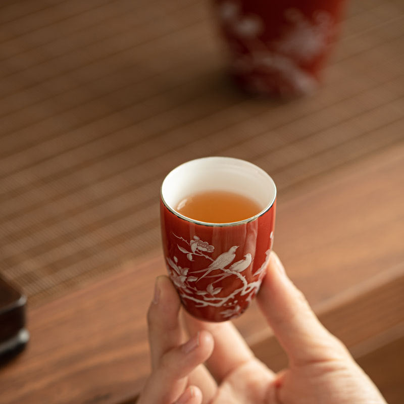Authentic Jingdezhen Coral Red Magpie Plum Blossom Complete Ceramic Tea Set - Luxury Wedding Gift Box