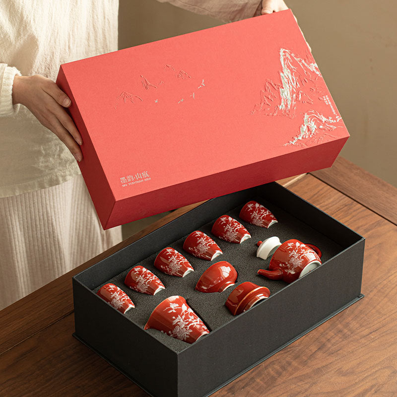 Authentic Jingdezhen Coral Red Magpie Plum Blossom Complete Ceramic Tea Set - Luxury Wedding Gift Box