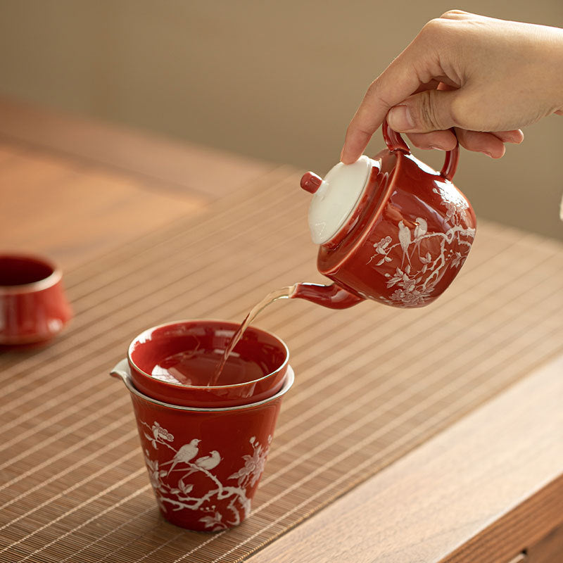 Authentic Jingdezhen Coral Red Magpie Plum Blossom Complete Ceramic Tea Set - Luxury Wedding Gift Box