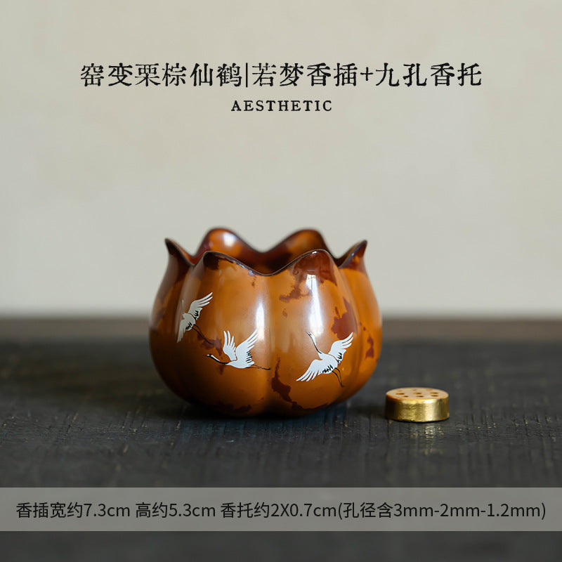 Authentic Flambé Chestnut Brown Descending Crane High-Stem Incense Holder - Teaware Accessories