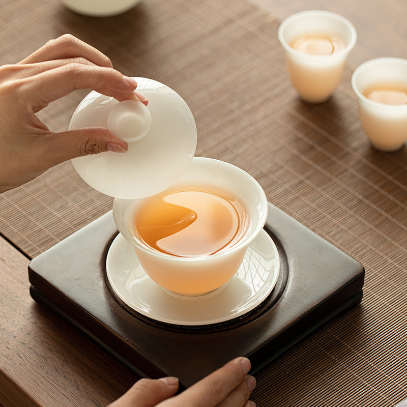 Authentic Dehua Ice Mutton-Fat Jade Porcelain 10-Piece Gongfu Tea Set - Luxury Brocade Gift Vault