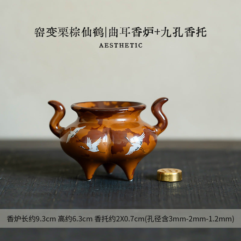 Authentic Flambé Chestnut Brown Descending Crane High-Stem Incense Holder - Teaware Accessories