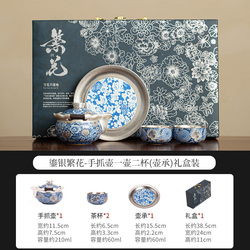 Authentic Jingdezhen Silver-Gilt Blooming Flora Ceramic Hand-Grip Teapot & 2 Cups Set - Luxury Gift Box