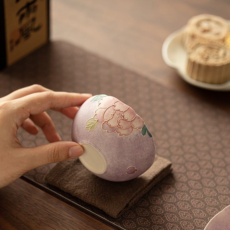Handcrafted Embossed Relief Peony Purple Rhyme Ceramic Master Teacup - 80ml Gongfu Teacup