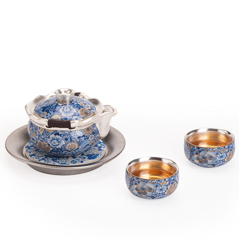 Authentic Jingdezhen Silver-Gilt Blooming Flora Ceramic Hand-Grip Teapot & 2 Cups Set - Luxury Gift Box