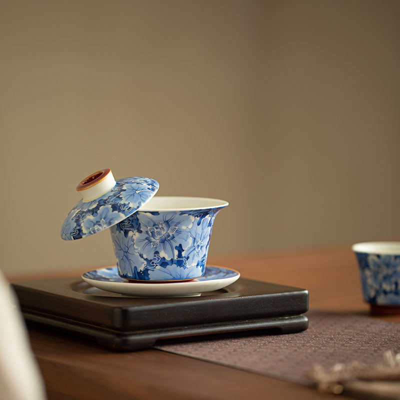Authentic Blue & White Lotus Rhyme Hover-Suspension San Cai Gaiwan - 165ml Anti-Scald Gongfu Tea Bowl
