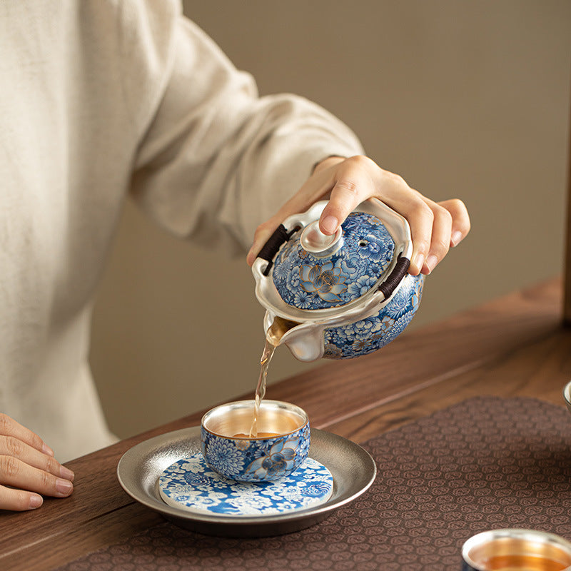 Authentic Jingdezhen Silver-Gilt Blooming Flora Ceramic Hand-Grip Teapot & 2 Cups Set - Luxury Gift Box