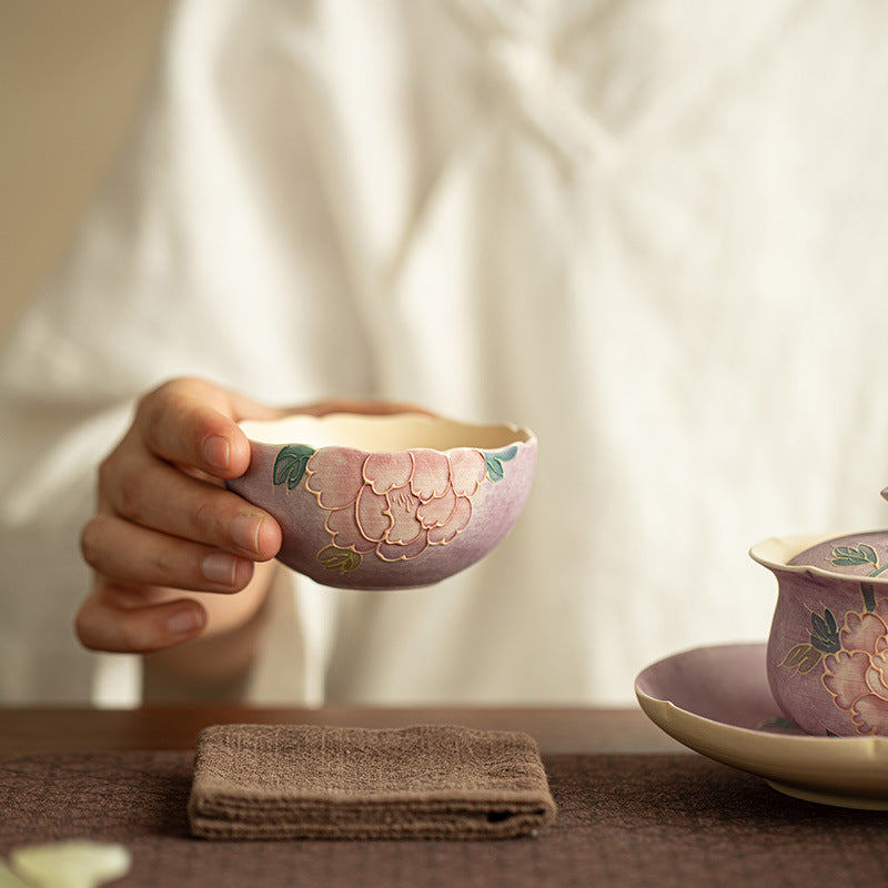 Handcrafted Embossed Relief Peony Purple Rhyme Ceramic Master Teacup - 80ml Gongfu Teacup