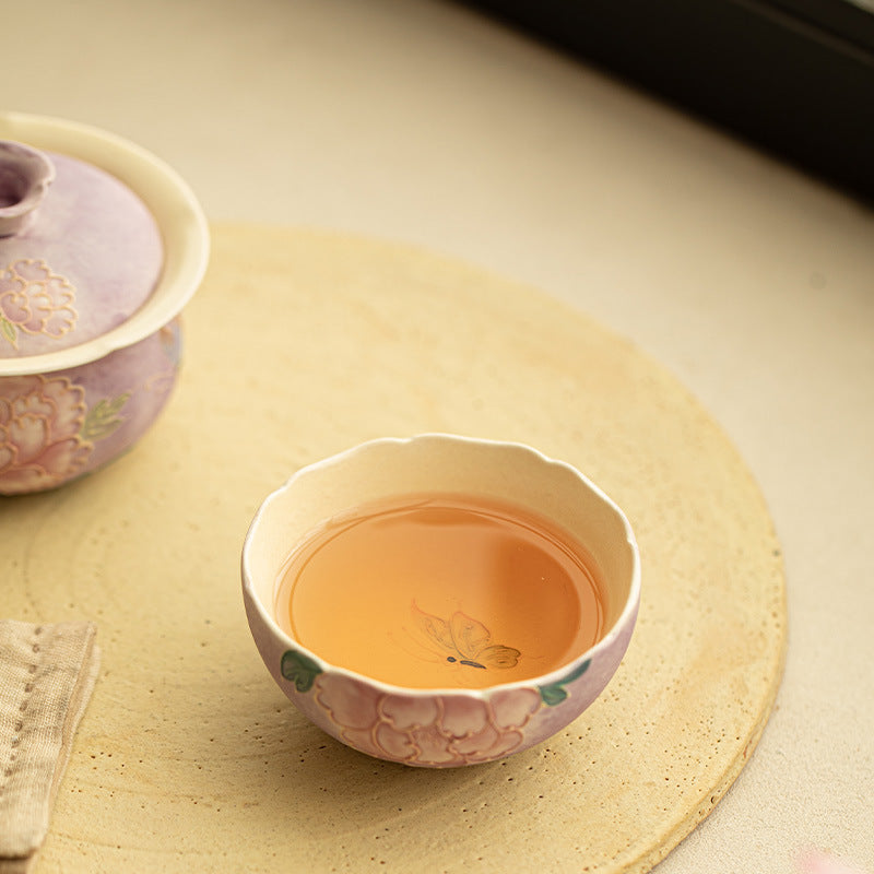 Handcrafted Embossed Relief Peony Purple Rhyme Ceramic Master Teacup - 80ml Gongfu Teacup