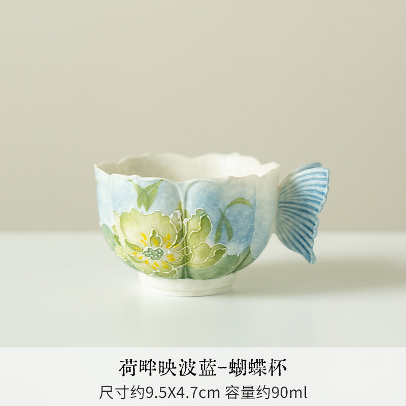 Authentic Lotus Reflection Blue Dancing Butterfly Master Teacup - 80ml Gongfu Cup
