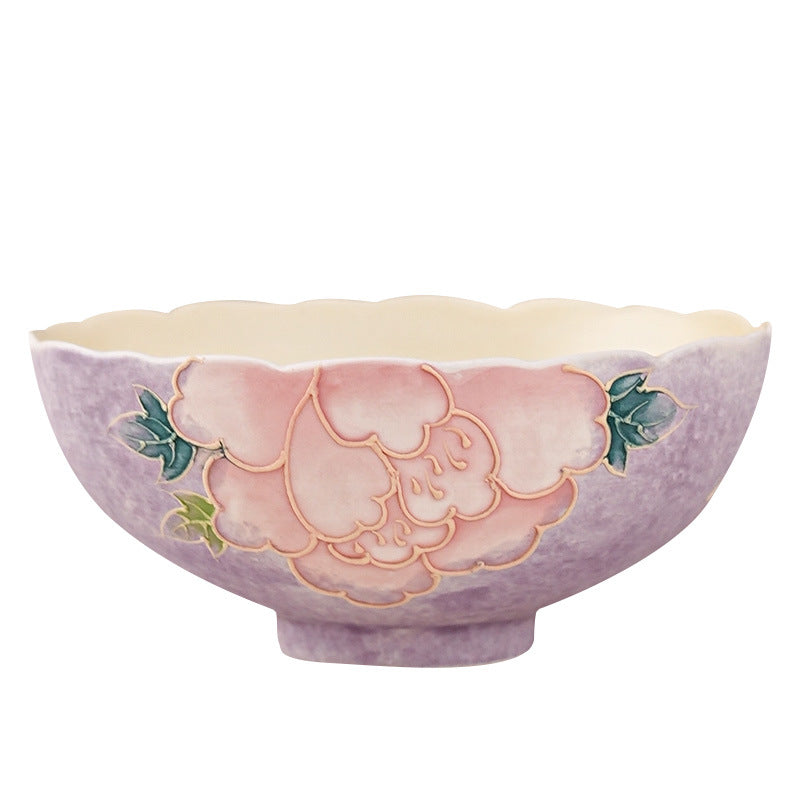 Handcrafted Embossed Relief Peony Purple Rhyme Ceramic Master Teacup - 80ml Gongfu Teacup
