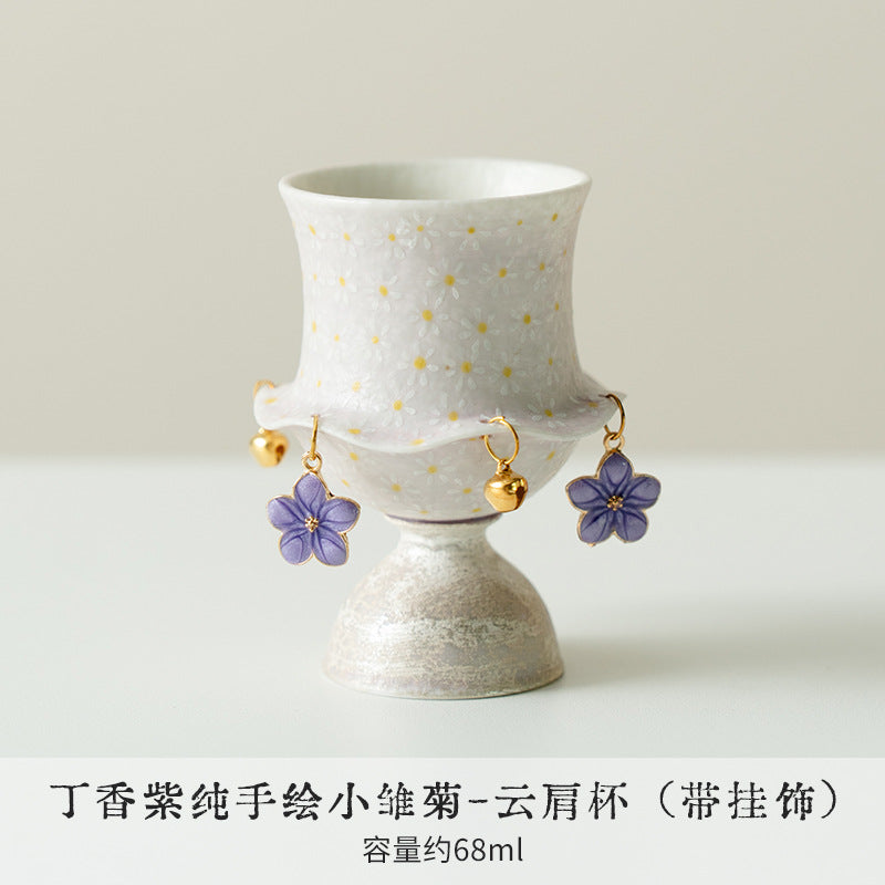 Authentic Lilac Purple Hand-Painted Daisy Cloud-Collar Master Teacup - 80ml Gongfu Cup