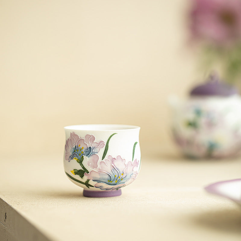 Authentic Rock Mineral White Hand-Painted Purple Iris High-Stem Teacup - 70ml Anti-Scald Master Cup