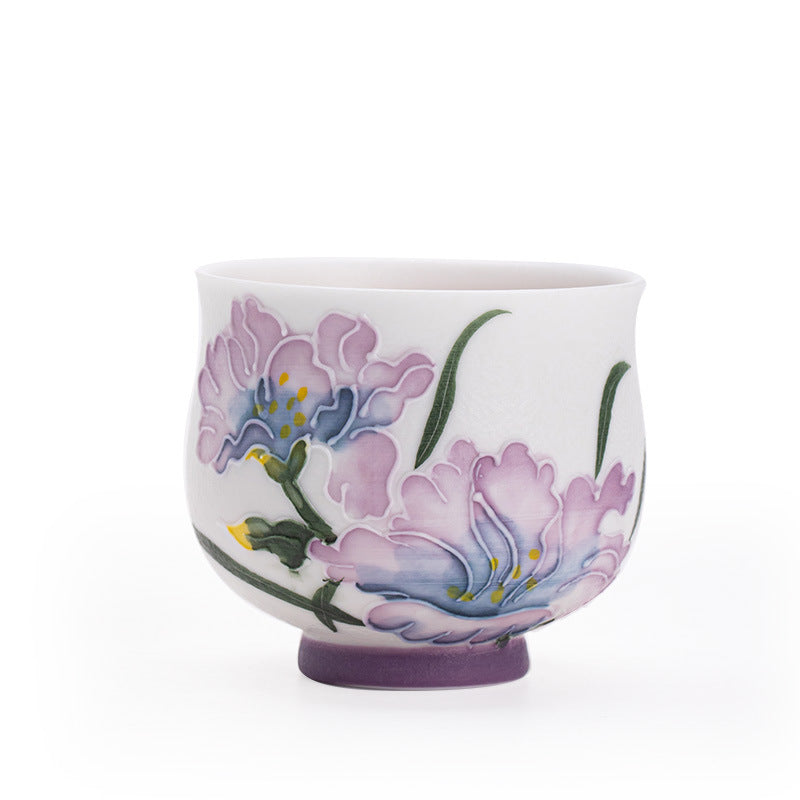 Authentic Rock Mineral White Hand-Painted Purple Iris High-Stem Teacup - 70ml Anti-Scald Master Cup