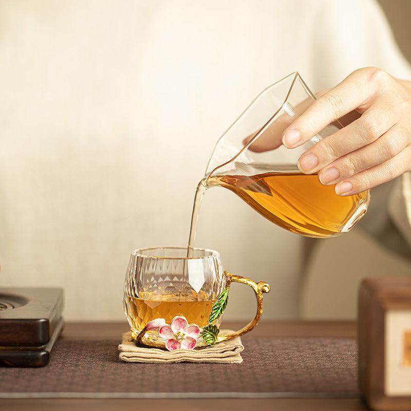 Handcrafted Enamel Faceted Crystal Glass Master Teacup with Handle - 100ml Luxury Tasting Cup